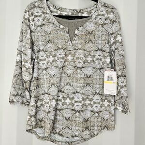 Erika Gray and Olive Patterned 3/4 Sleeve Henley with Gold And Silver Accents